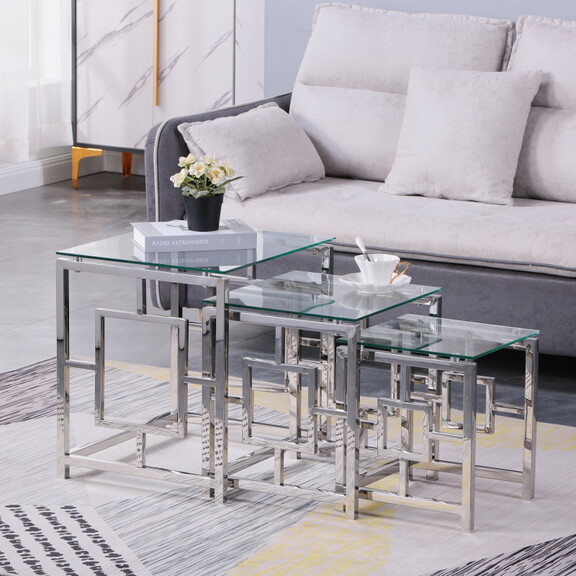 3 Pieces Gold Square Nesting Glass End Tables  Sma...