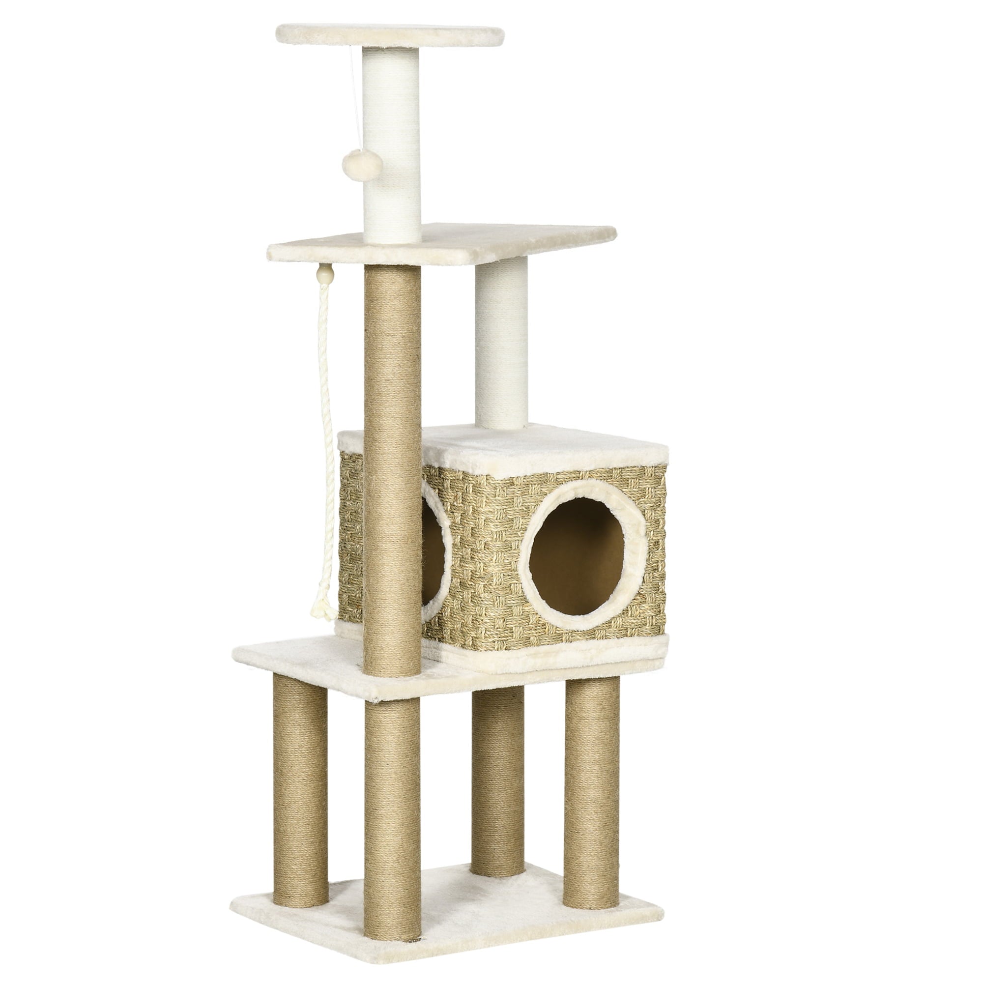 PawHut Modern Cat Tree with Scratching Posts and Rattan Cat House, Small Cat Tower for Indoor Cat Furniture, Beige