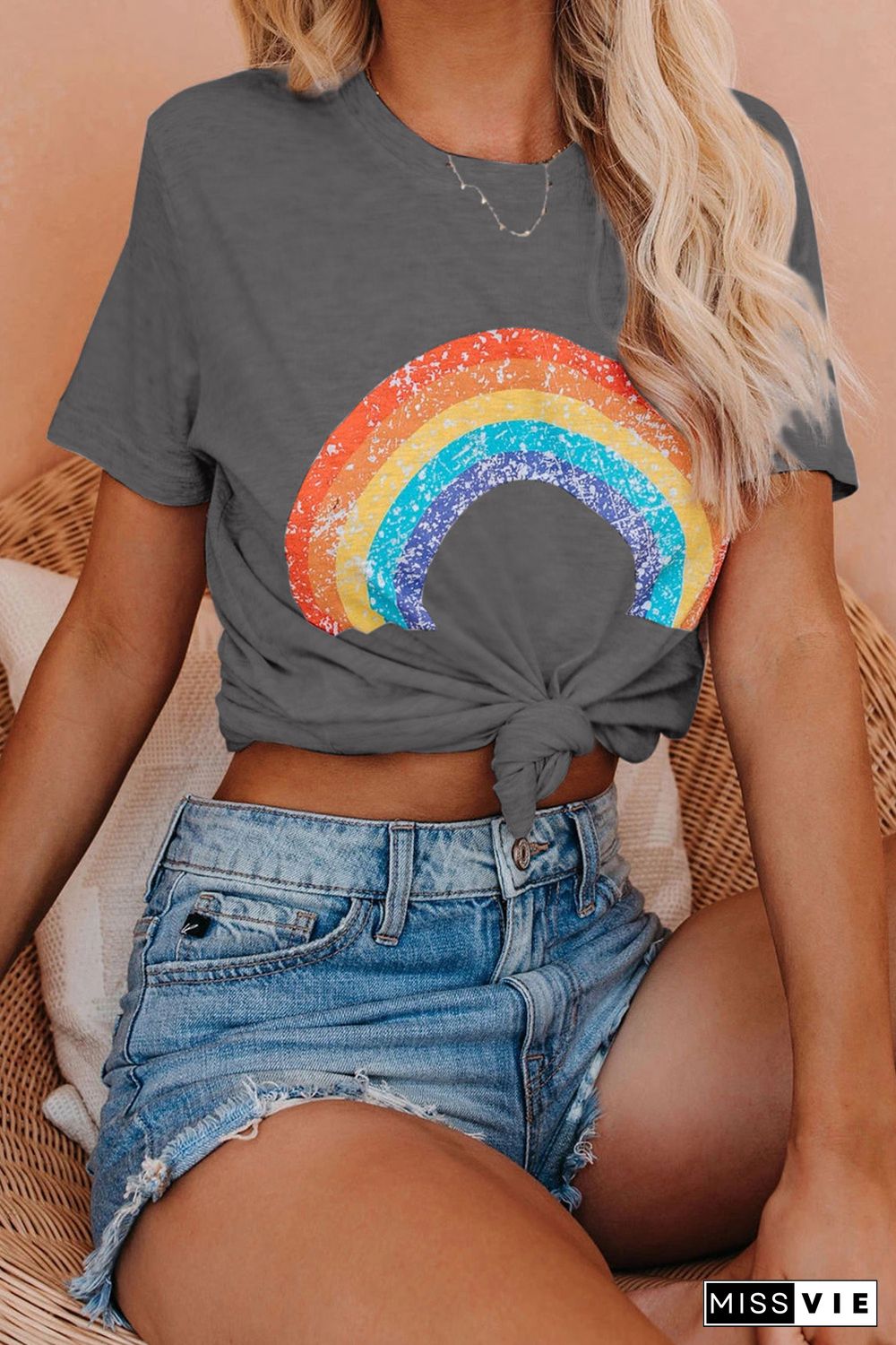 Rainbow Print Graphic Tees for Women Wholesale Short Sleeve T shirts To