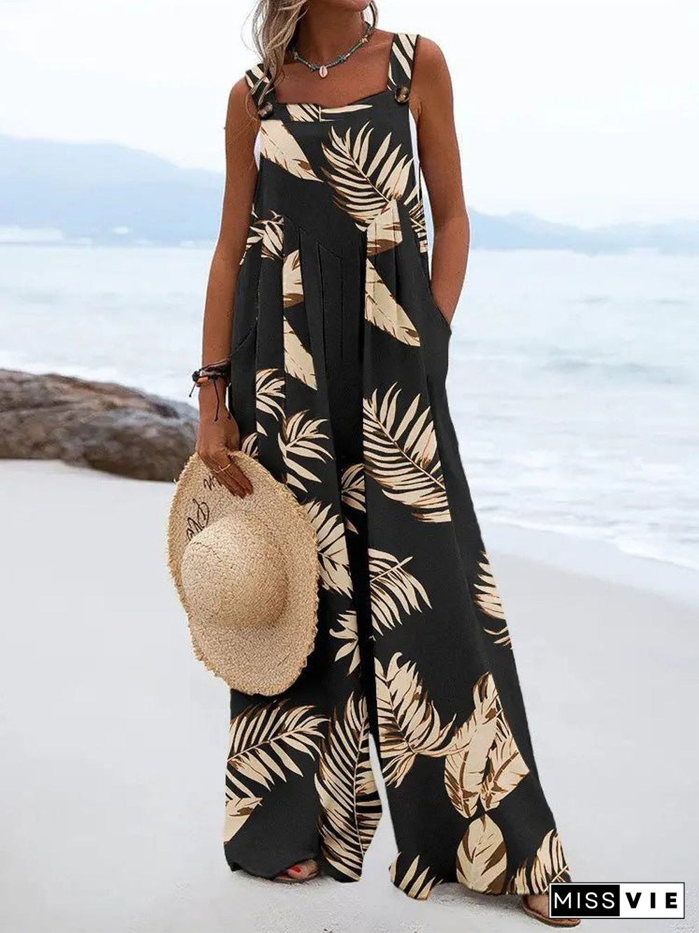 Women'S Jumpsuits Loose Print Sling Sleeveless Wide-Leg Jumpsuit