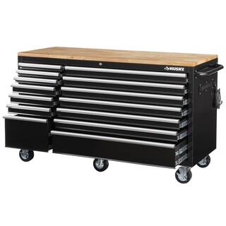 Husky 62 in. W x 24 in. D Standard Duty 14-Drawer Mobile Workbench Cabinet Tool Chest with Solid Wood Top in Gloss Black HOTC6214B12M