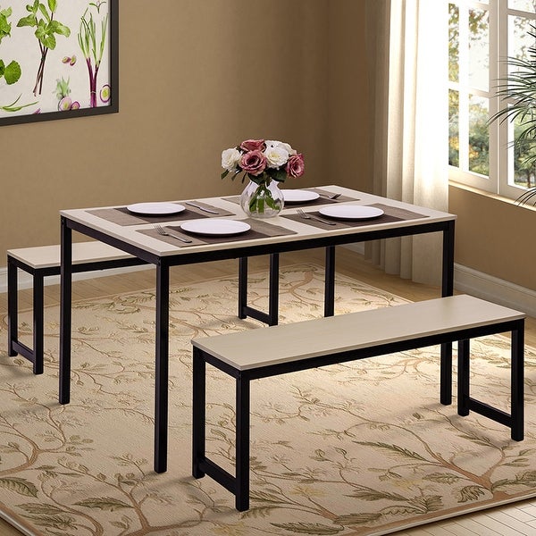 3 Pieces Dining Table and Chair Set， Dining Table with Two Benches， Black