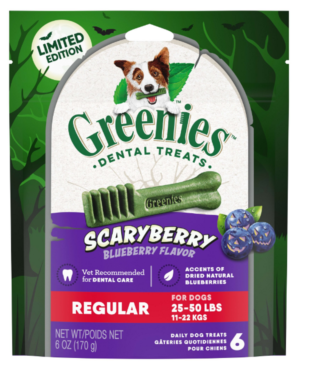 Greenies Scary Berry Blueberry Flavor Dental Chew Dog Treats， 6 oz Regular Size