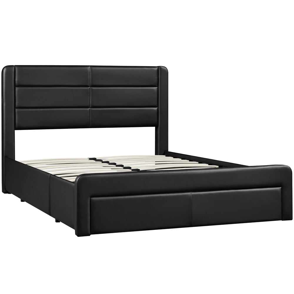 Topeakmart Queen Upholstered Leather Bed Frame with 3 Storage Drawers and Built-In USB Ports, Black