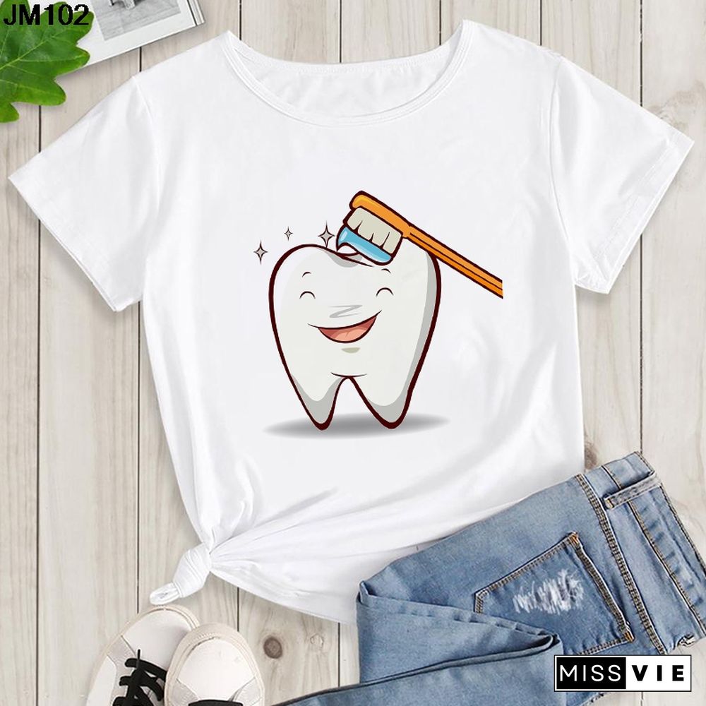 Aesthetic Funny Tooth Dentist Print Female Clothing T-shirt 90s Harajuku Kawaii O-neck Tshirt Summer Fashion Women's Top T Shirt