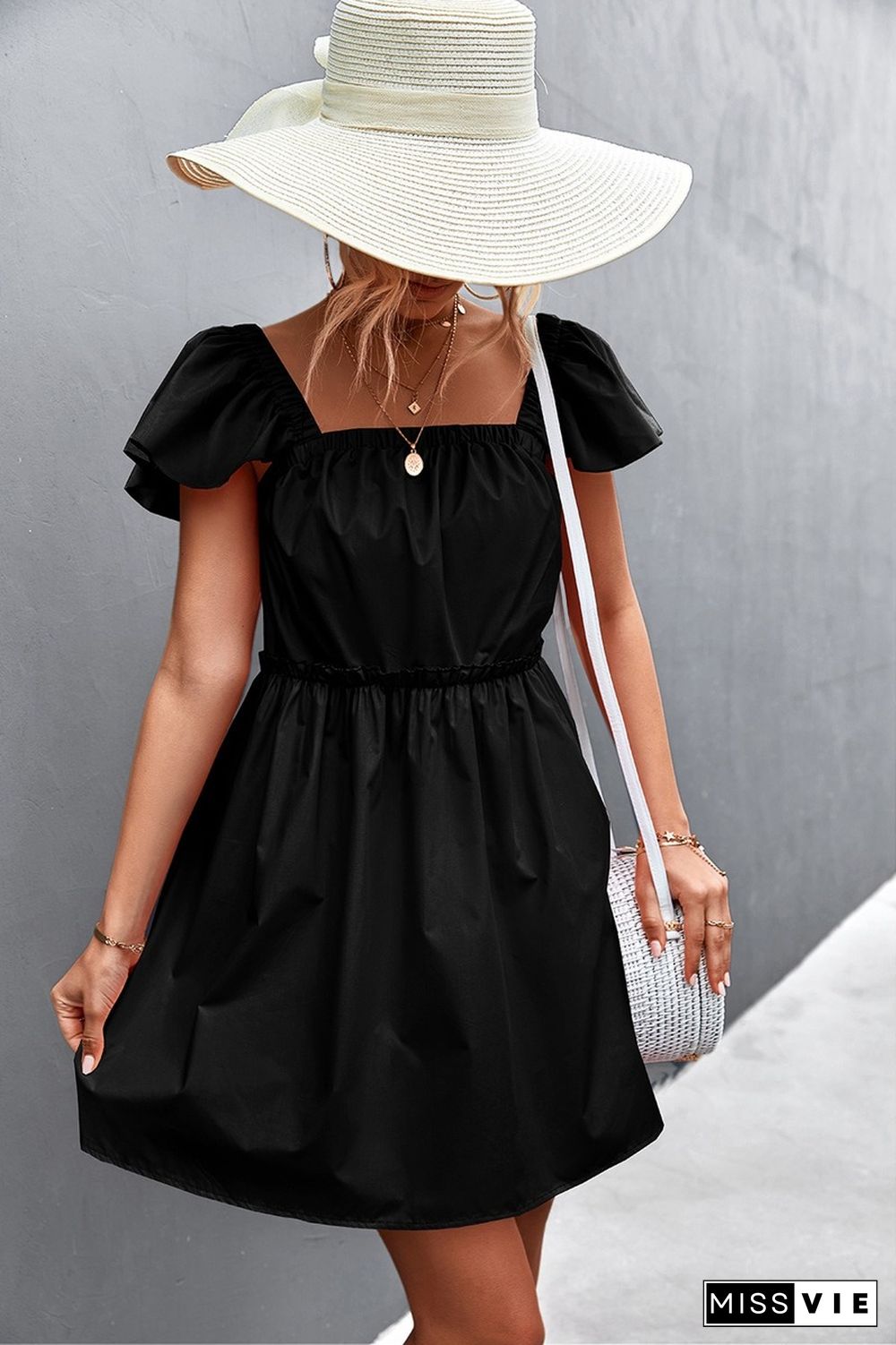 Elegant Sexy Dresses Women Summer Dress New Square Neck Solid High Waist Ruffle Short Skirt Sleeve Mini Dress For Women