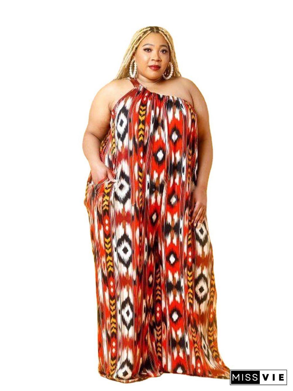 Women Fashion Print Skew Shoulder Sleeveless High Waist Loose Casual Plus Size Wide Leg Jumpsuit