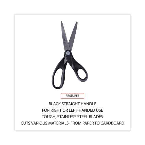 Universal Stainless Steel Office Scissors， 8 Long， 3.75 Cut Length， Black Straight Handle (92009)