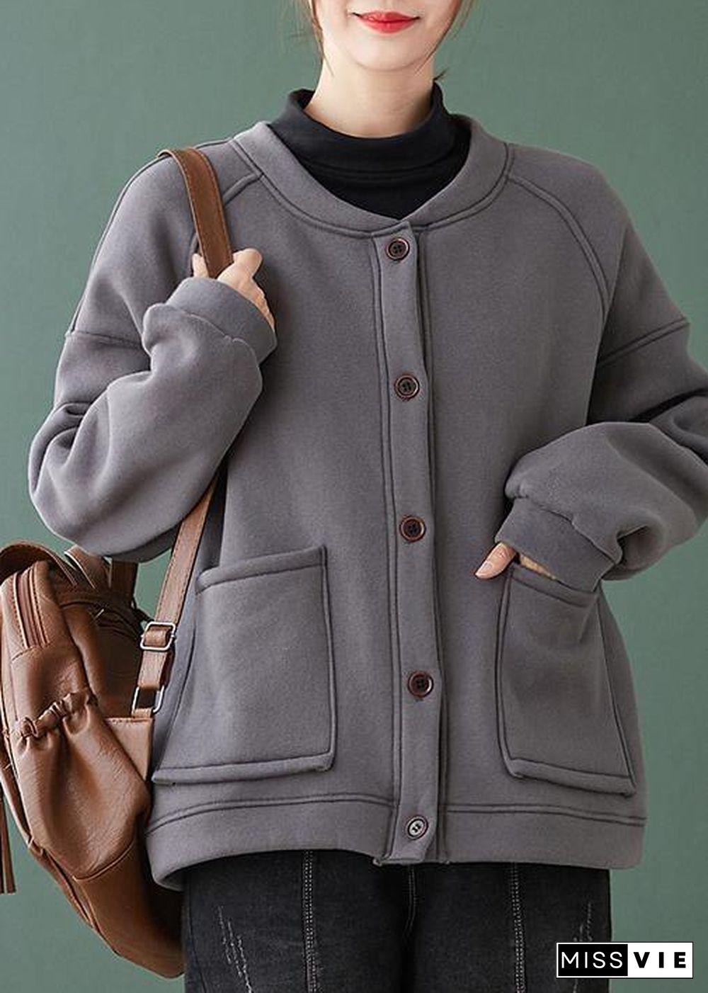 Natural gray Fine coat for woman Gifts o neck Button Down coats