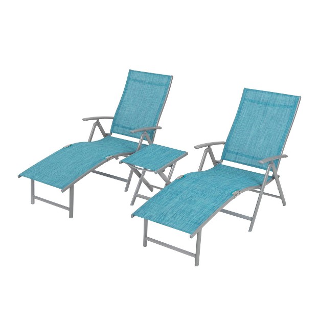 3pc Outdoor Aluminum Folding Adjustable Chaise Lounge Chair And Table Set Blue Crestlive Products