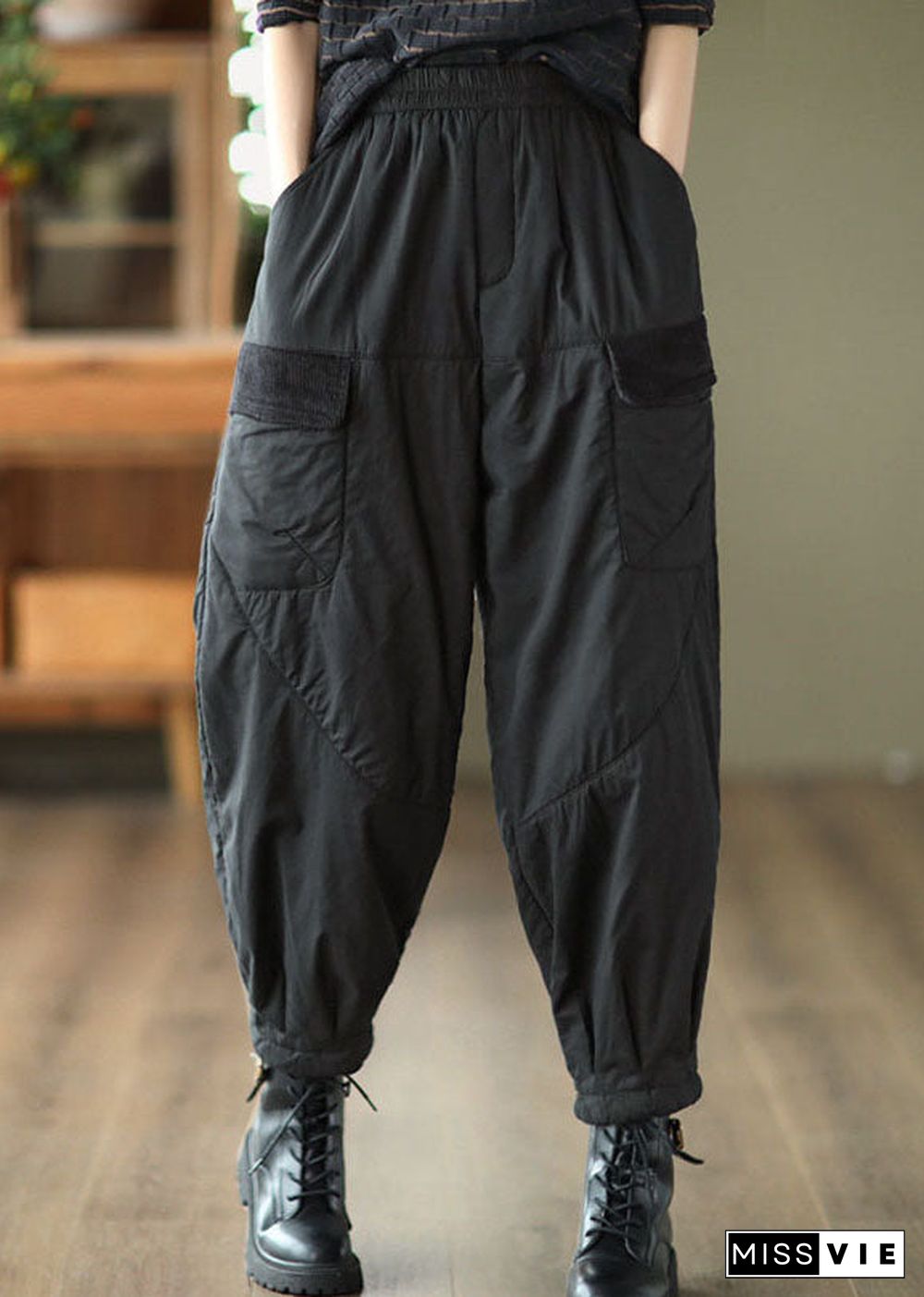 Unique Black Elastic Waist Pockets Fine Cotton Filled Pants Winter