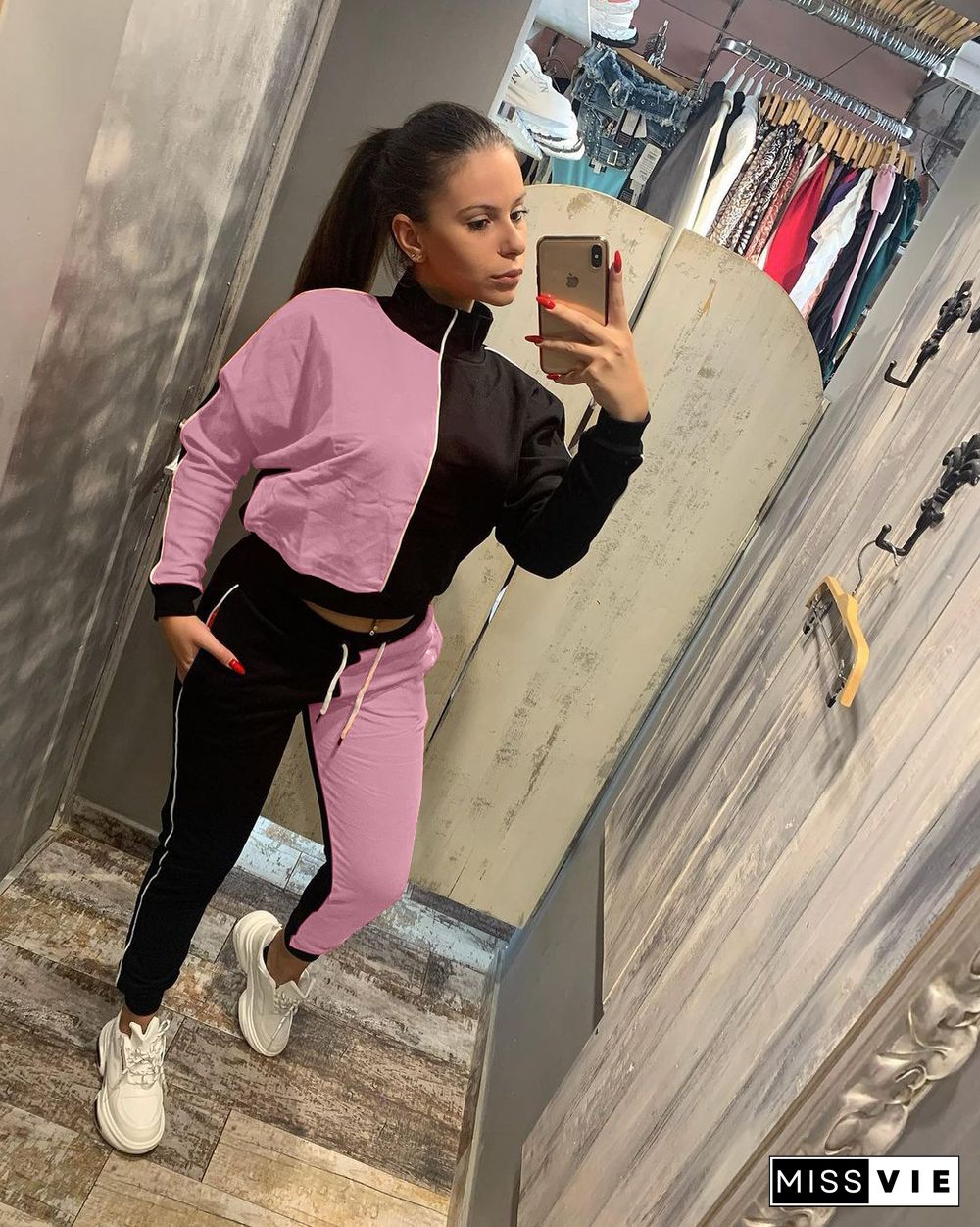 Color Contrast Zip Jacket Sporty Pants Two Piece Set