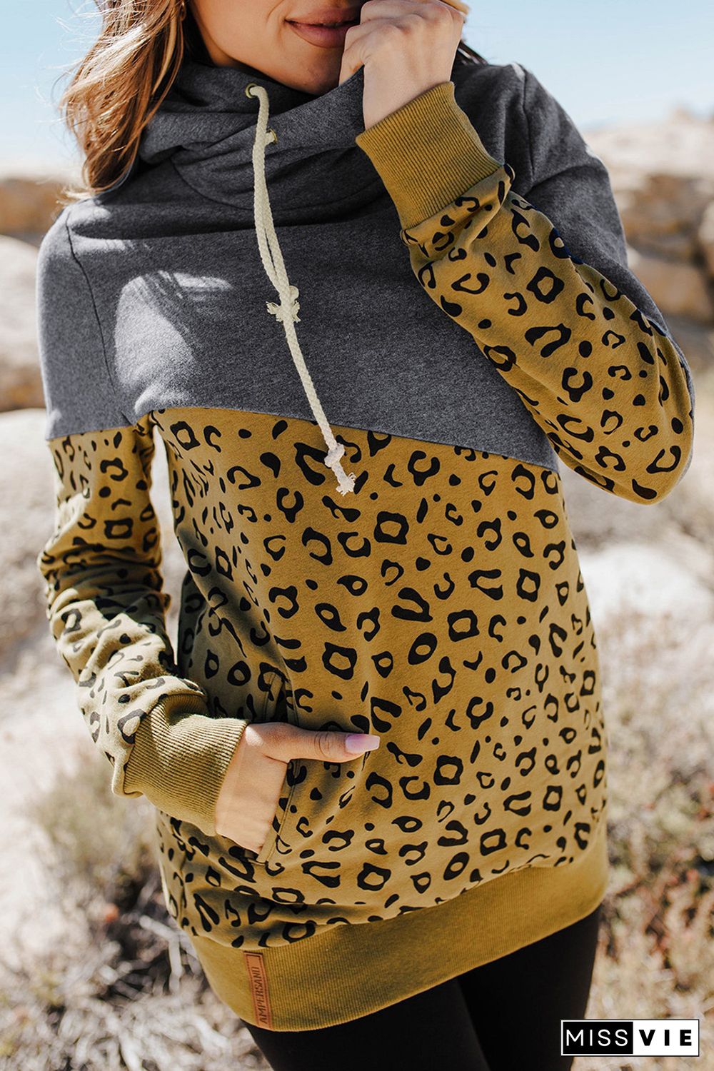 Leopard Colorblock Cowl Neck Hoodie