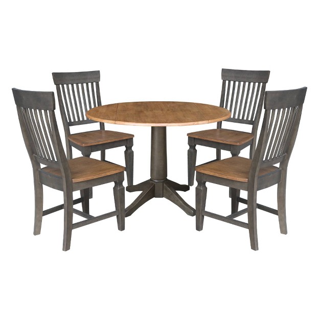 Round Dual Drop Leaf Dining Table With 4 Slat Back Chairs Hickory washed Coal International Concepts