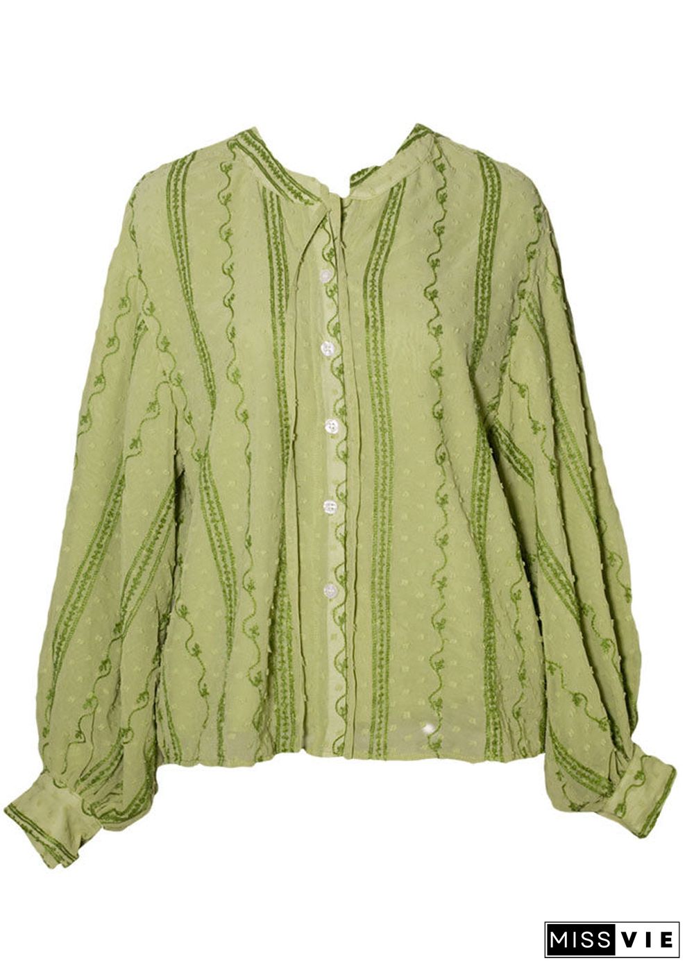 Fashion Green Embroideried Lace Up Cotton Shirt Top Spring