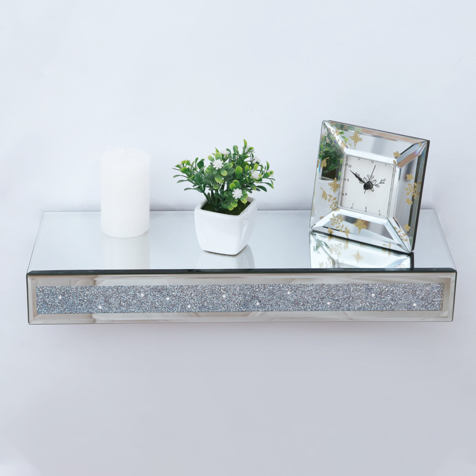 Mirrored Floating Wall Shelf Crystal Wall-Mounted Storage Organizer