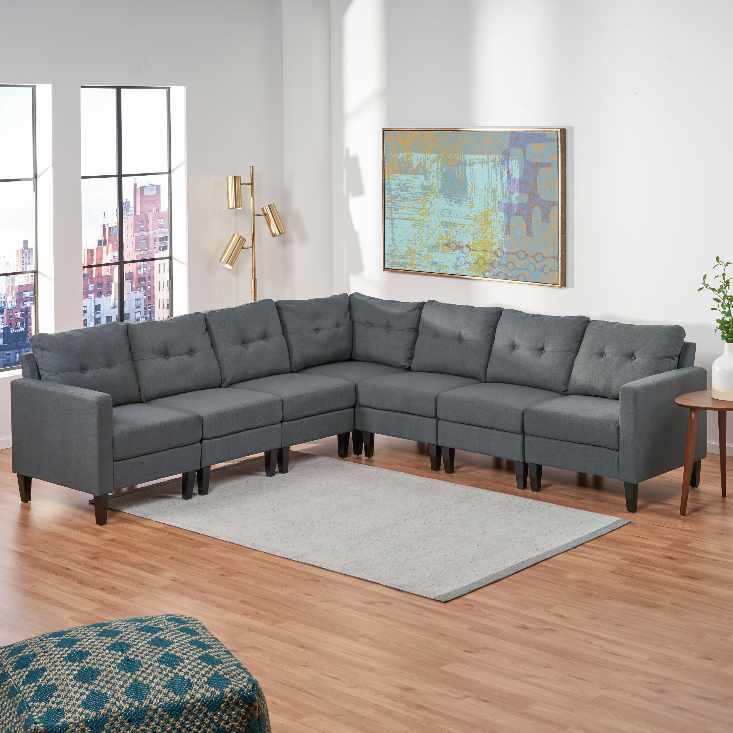 Niya Mid Century Modern 7 Piece Fabric Extended Sectional Sofa