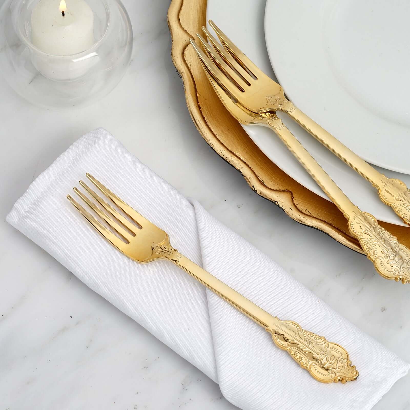 24 Pack Metallic Gold Baroque Style Heavy Duty Plastic Forks 8