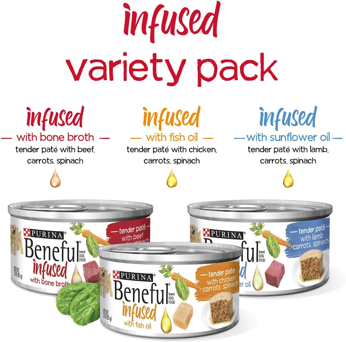 Purina Beneful Infused Pate With Real Lamb， Chicken， Beef Variety Pack Wet Dog Food， 3-oz can， case of 24