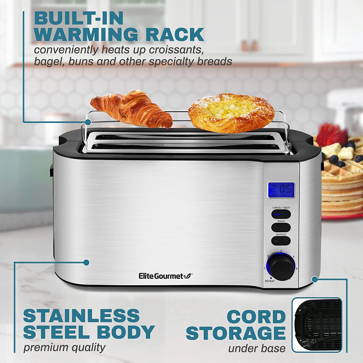 Elite Gourmet ECT4400B# Long Slot 4 Slice Toaster， Countdown Timer， Bagel Function， 6 Toast Setting， Defrost， Cancel Function， Built-in Warming Rack， Extra Wide Slots for Bagel Waffle， Stainless Steel