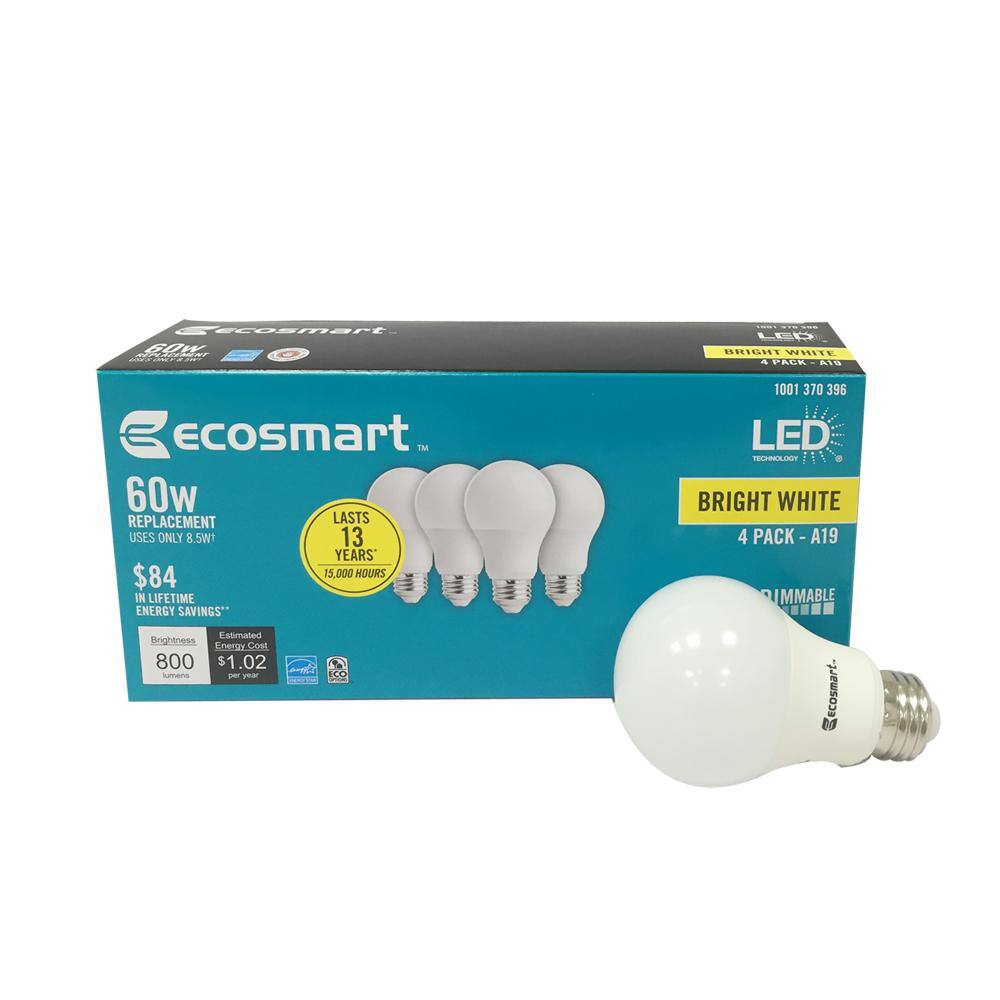 EcoSmart 60-Watt Equivalent A19 Dimmable Energy Star LED Light Bulb Bright White (4-Pack) C5A19A60WESD05