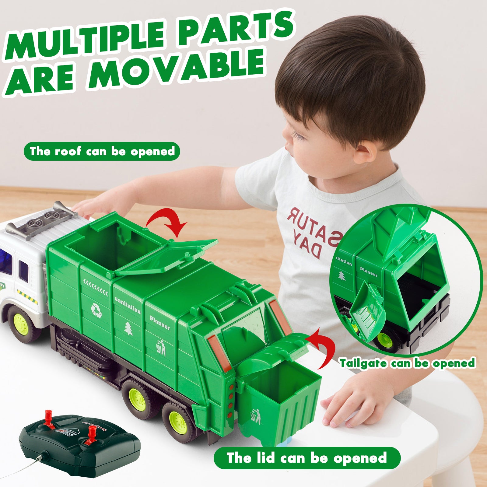 Remote Control Garbage Truck Toys for Boys 3-6 Year RC Car Waste Management Garbage Truck Toy with Lights Great Gift for Kids