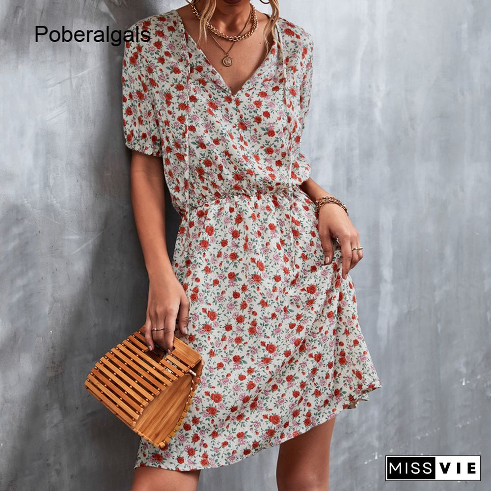 Holiday V-neck Lace-up Dress Summer Print Women Mini Dress Short Sleeves Floral Beach Dresses Women Vintage A-line Vestido