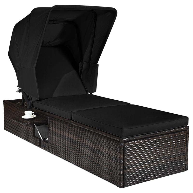 Cushioned Rattan Outdoor Chaise Lounge Chair Sun Lounger 5-Position with Folding Canopy & Flip-up Tea Table