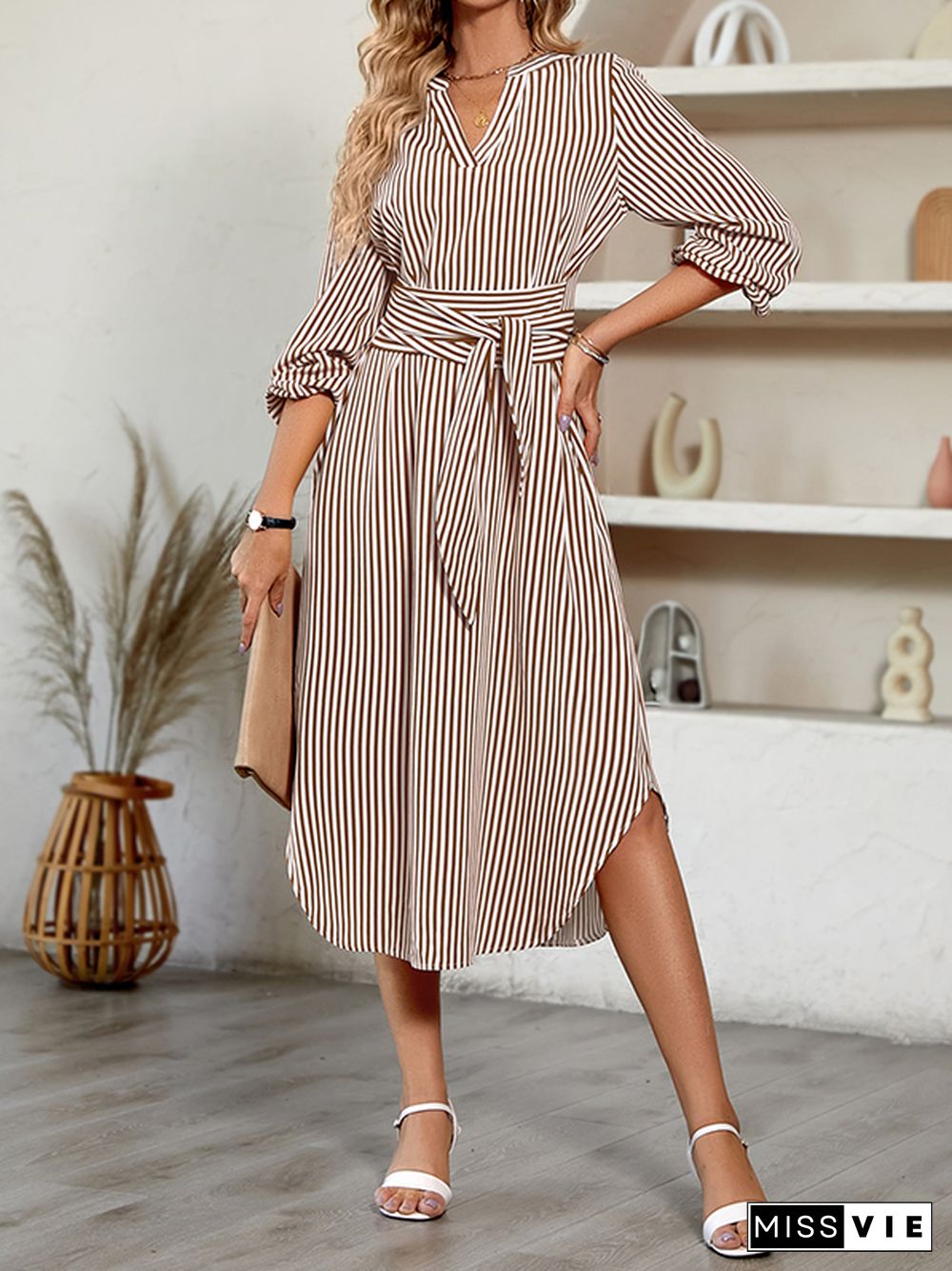 A-Line Long Sleeves Striped Tied Waist V-Neck Midi Dresses Shirt Dress