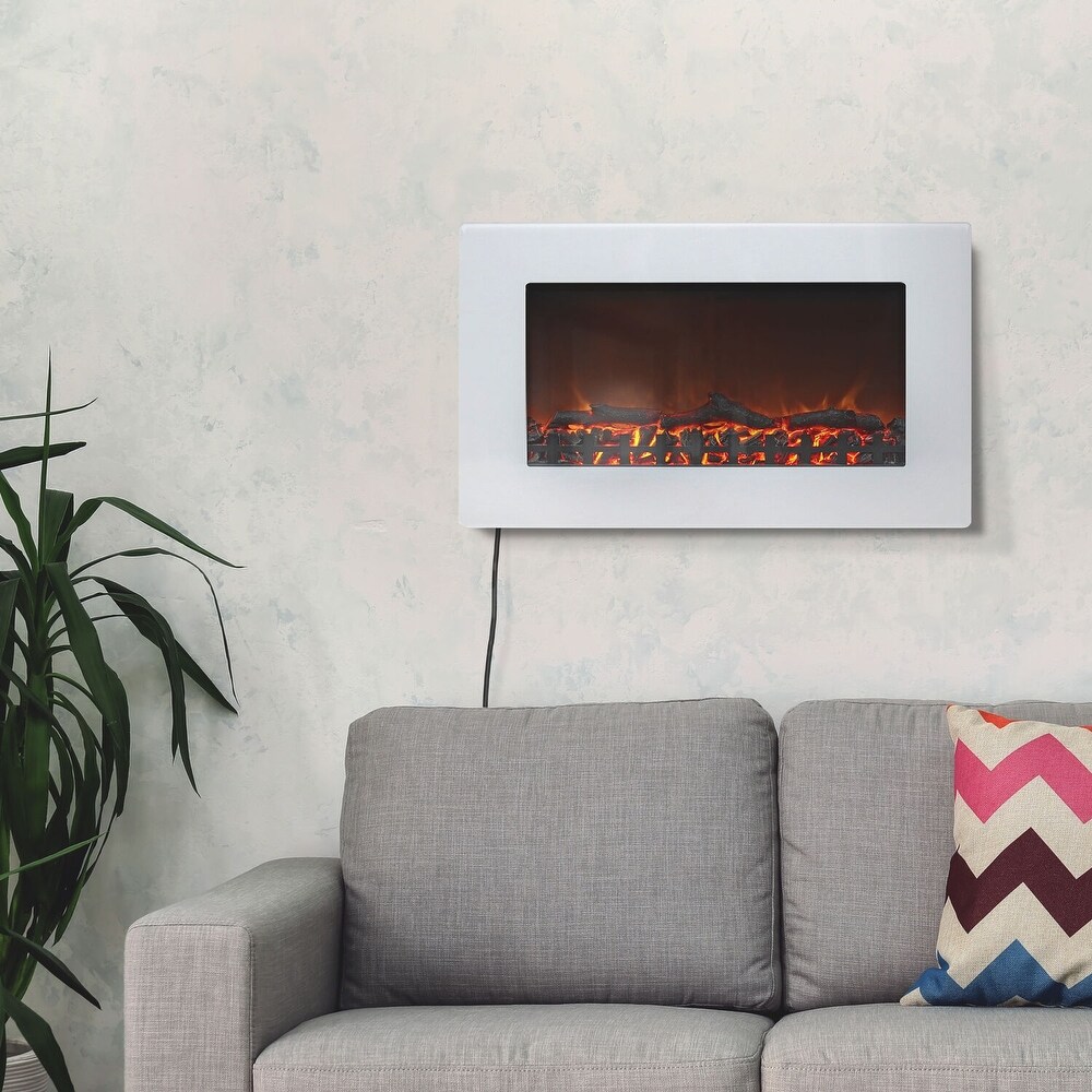 Cambridge CAM30WMEF 2WHT Callisto 30 In. Wall Mount Electric Fireplace with White Flat Panel and Realistic Log Display