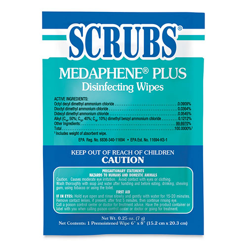 Scrubs Medaphene Disinfectant Wet Wipes | 6 x 8， White， Individually Wrapped Foil Packets， 100