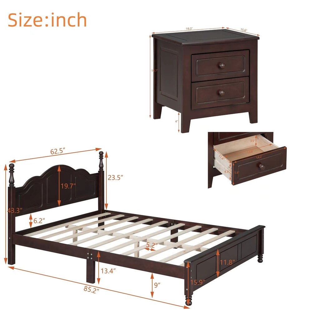 3 Pieces Retro Style Bedroom Sets  Queen Size Wood Platform Bed and Two Wood Finished Nightstands  Walnut