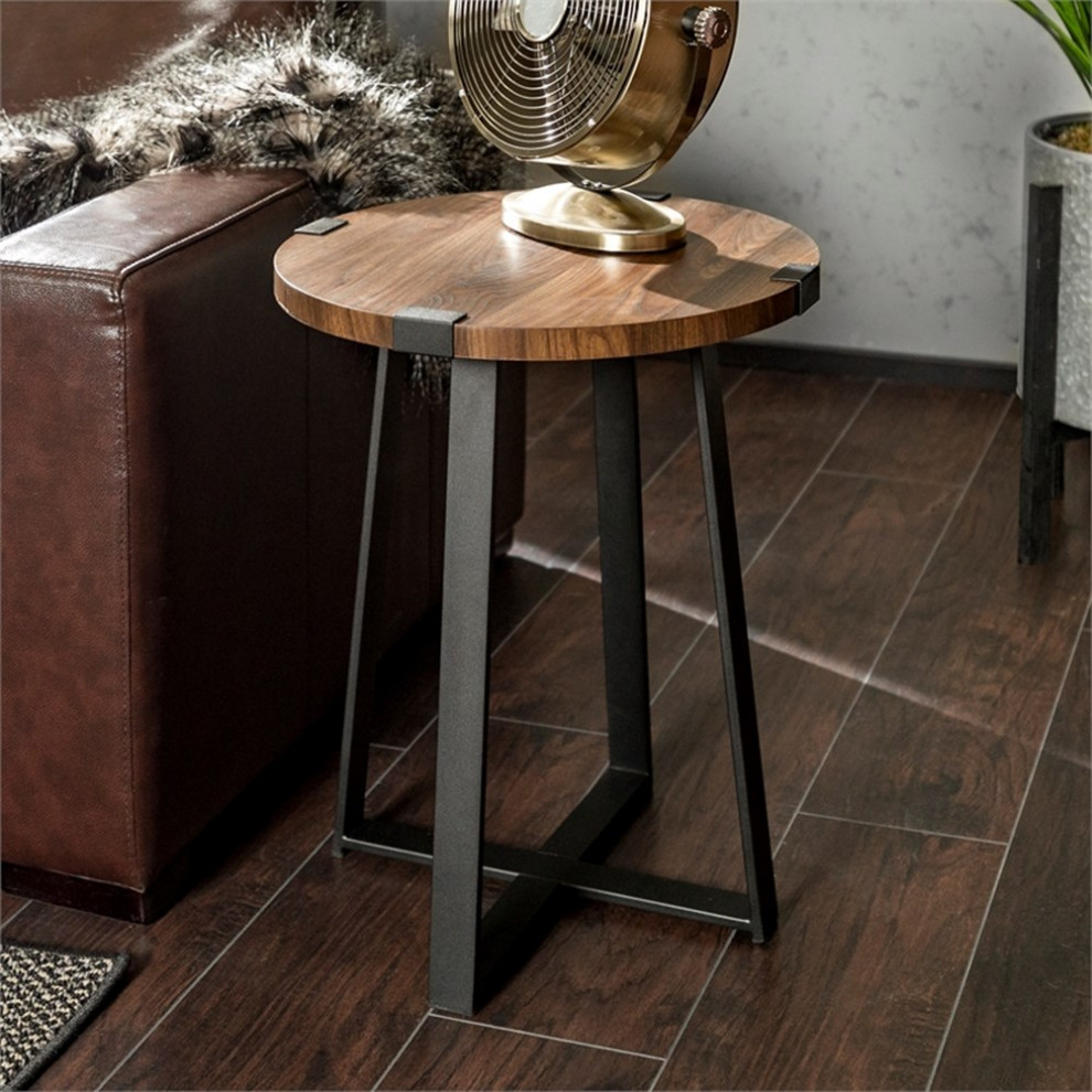 Home Square 18 quotMetal Wrap Round Side Table in Dark Walnut   Set of 2   Industrial   Side Tables And End Tables   by Homesquare  Houzz