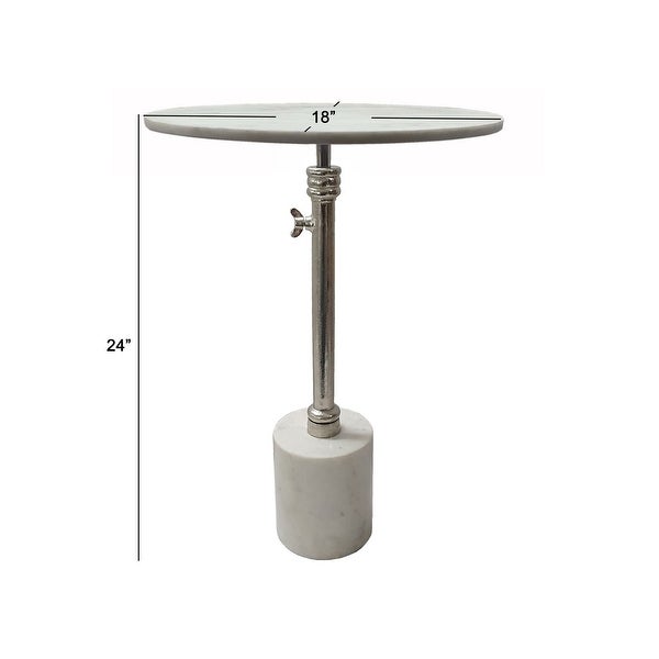 24 Inch Side Table， Aluminum Frame， Smooth Marble Top， Pedestal Base， White