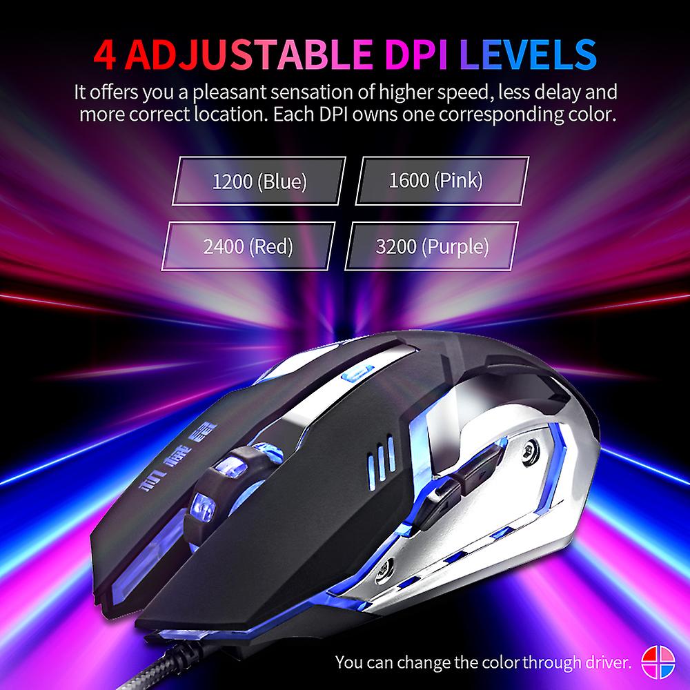 Wired3200 Dpi Gaming Mouse 4 Adjustable Dpi Levels/6 Programmable Buttons/4-color Breathing Light/ Leftandright Mute Buttons Black Black