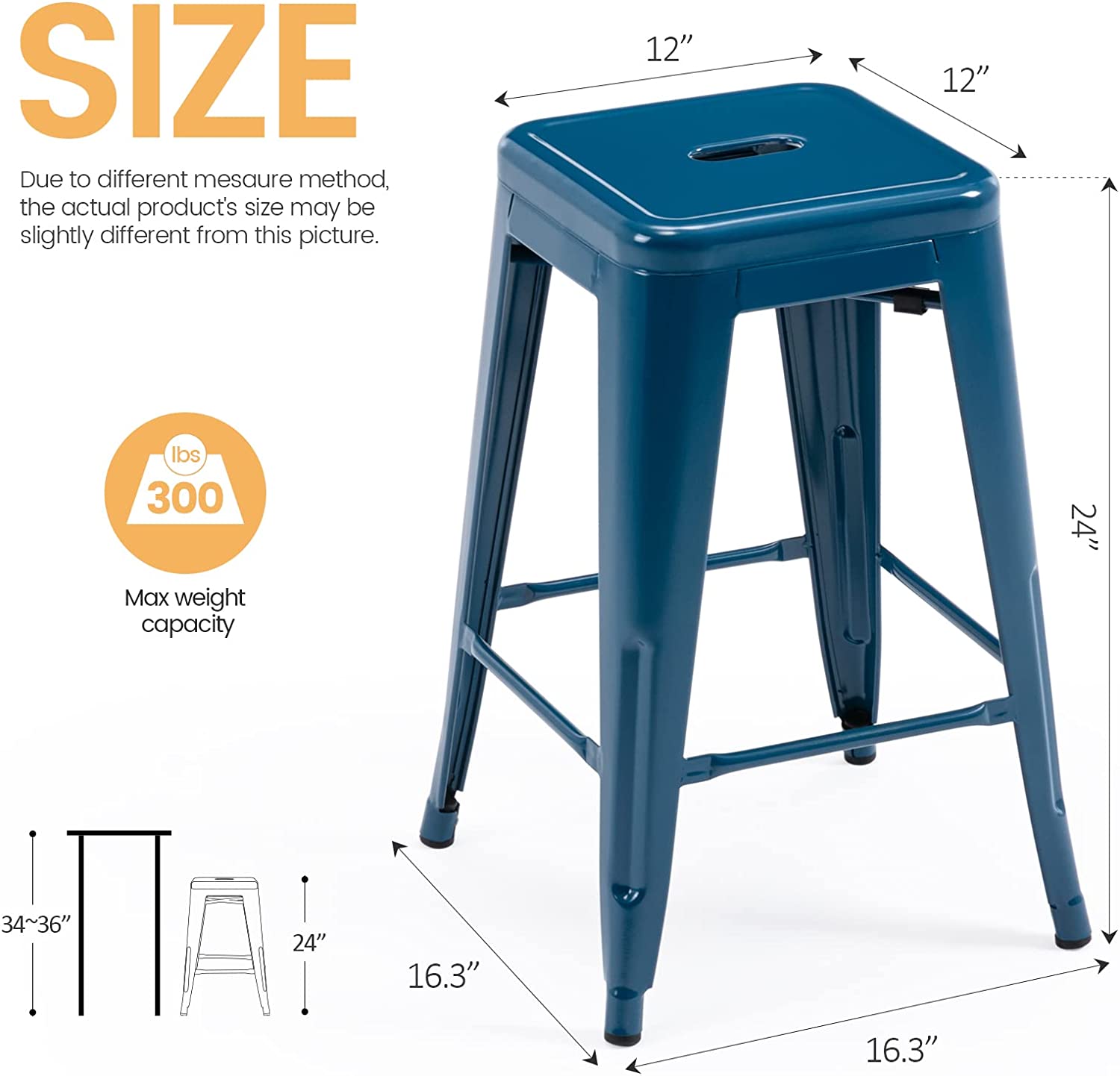 24 Inch Metal Bar stools, Backless Counter Height Barstools, Indoor Outdoor Stackable Stools with Square Seat