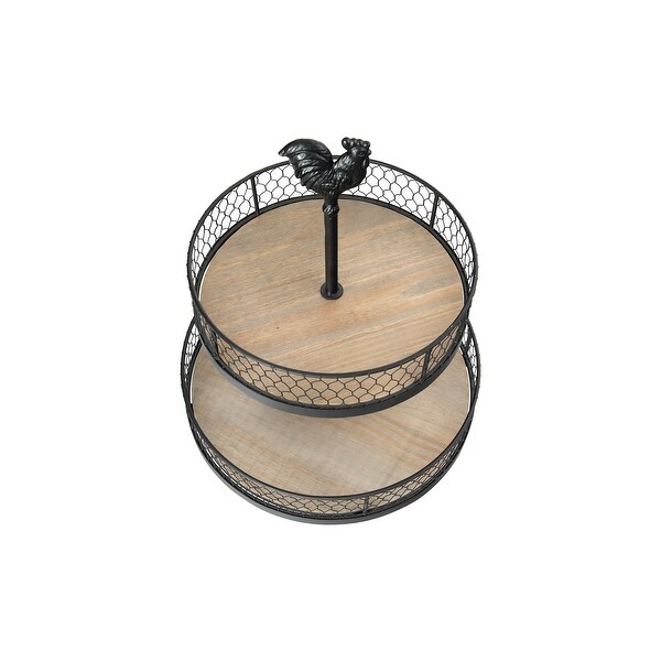 2-Tier Wood and Metal Round Trays with Rooster Top