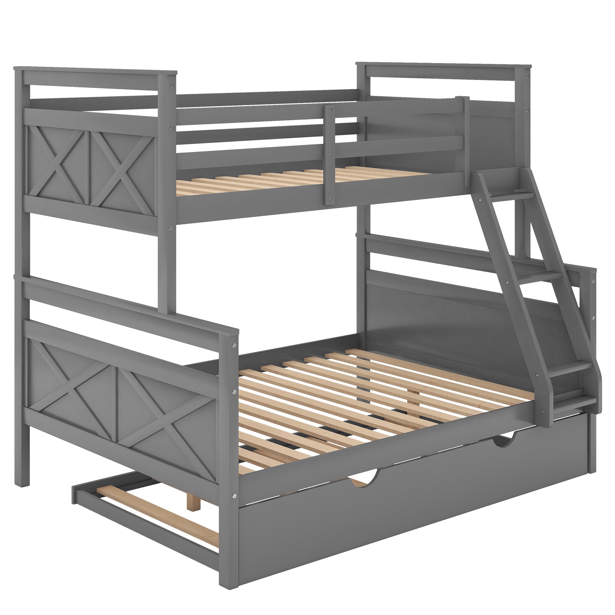 Euroco Wood Twin over Full Bunk Bed with Trundle for Kids & Adults Bedroom, Gray