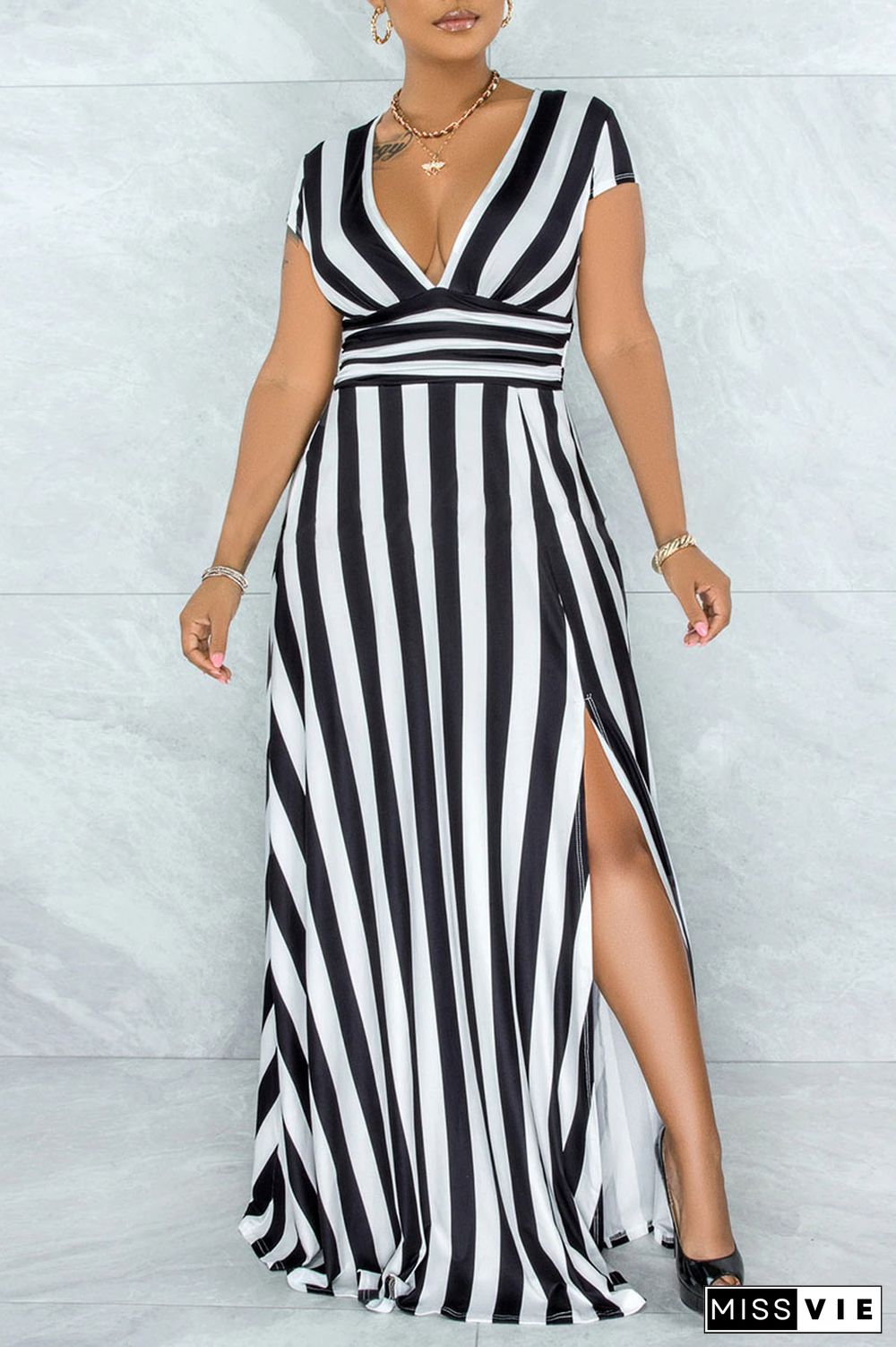 Black Sexy Striped Print Patchwork Slit V Neck A Line Dresses