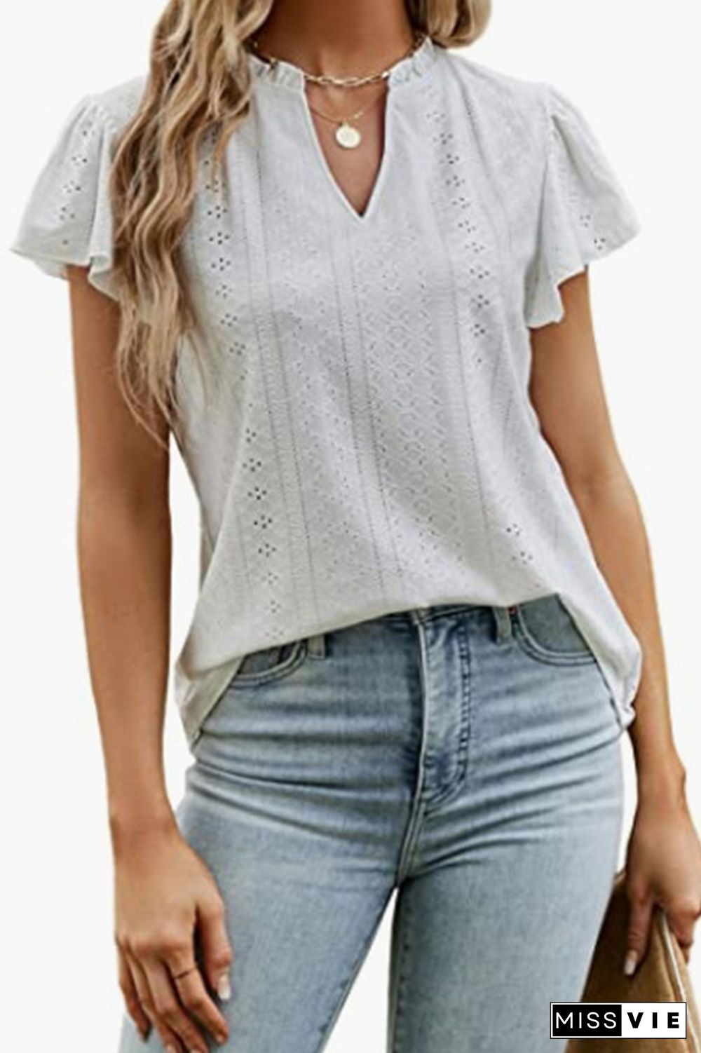 Eyelet Pattern Frilled Split Collar Ruffles Sleeves Tee