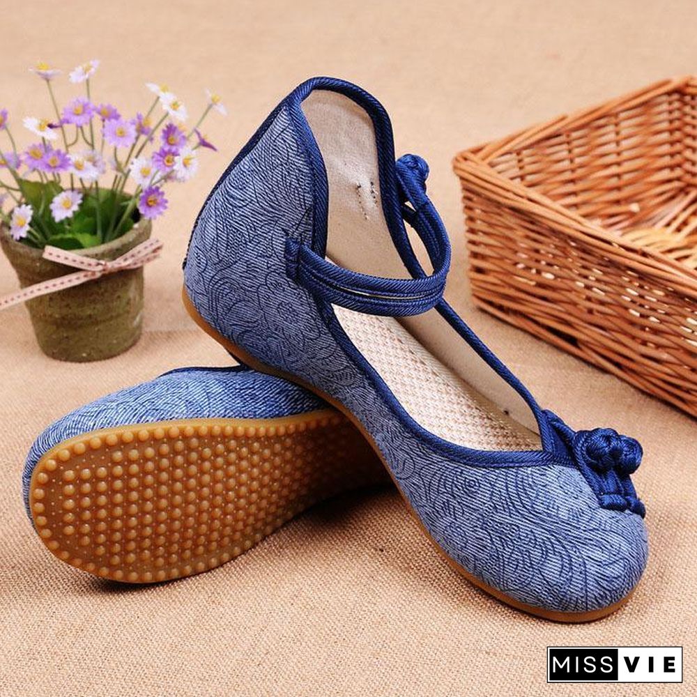 Women Buckle Strap Wedge High Wedge Heels Shoes Blue Oriental Cotton Fabric