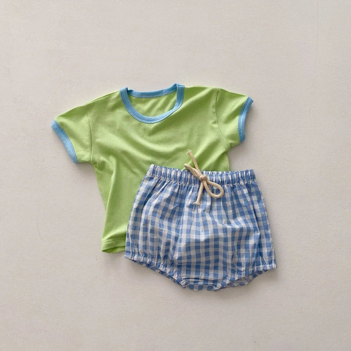 Infant Newborn Girls Boys Summer Short Sleeve Patch Top Tees Plaid Bottoms Kids Baby Clothing Cotton Sets 2pcs 0-24M