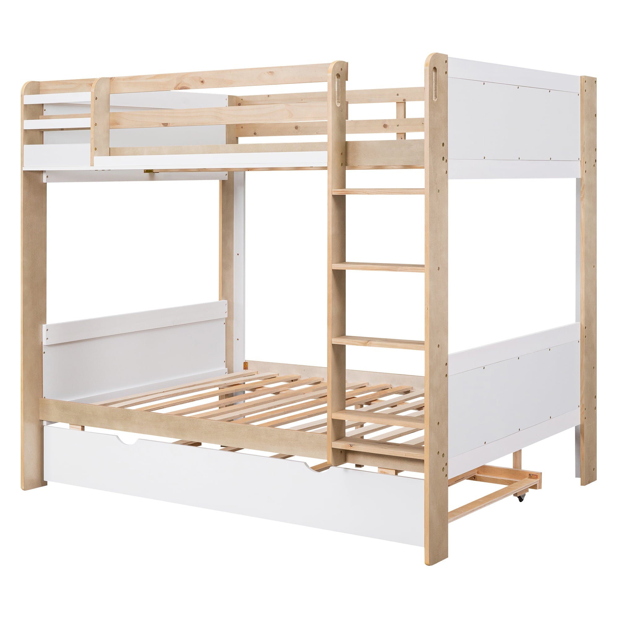 Full over Full Bunk Bed with Trundle and Little Shelf for Kids Bedroom, White