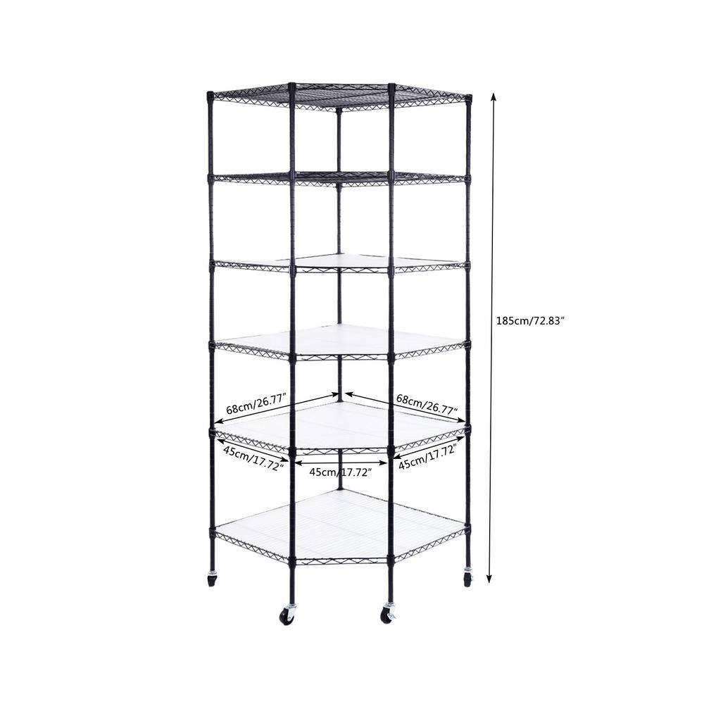 Karl home Black Heavy Duty 6-Tier Metal Rolling Freestanding Garage Storage Shelving Unit (26.77 in. W x 71 in. H x 26.77 in. D) 302992573259