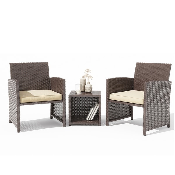 Patio 3 Pieces Wicker Bistro Set Cushioned Chair and Side Table