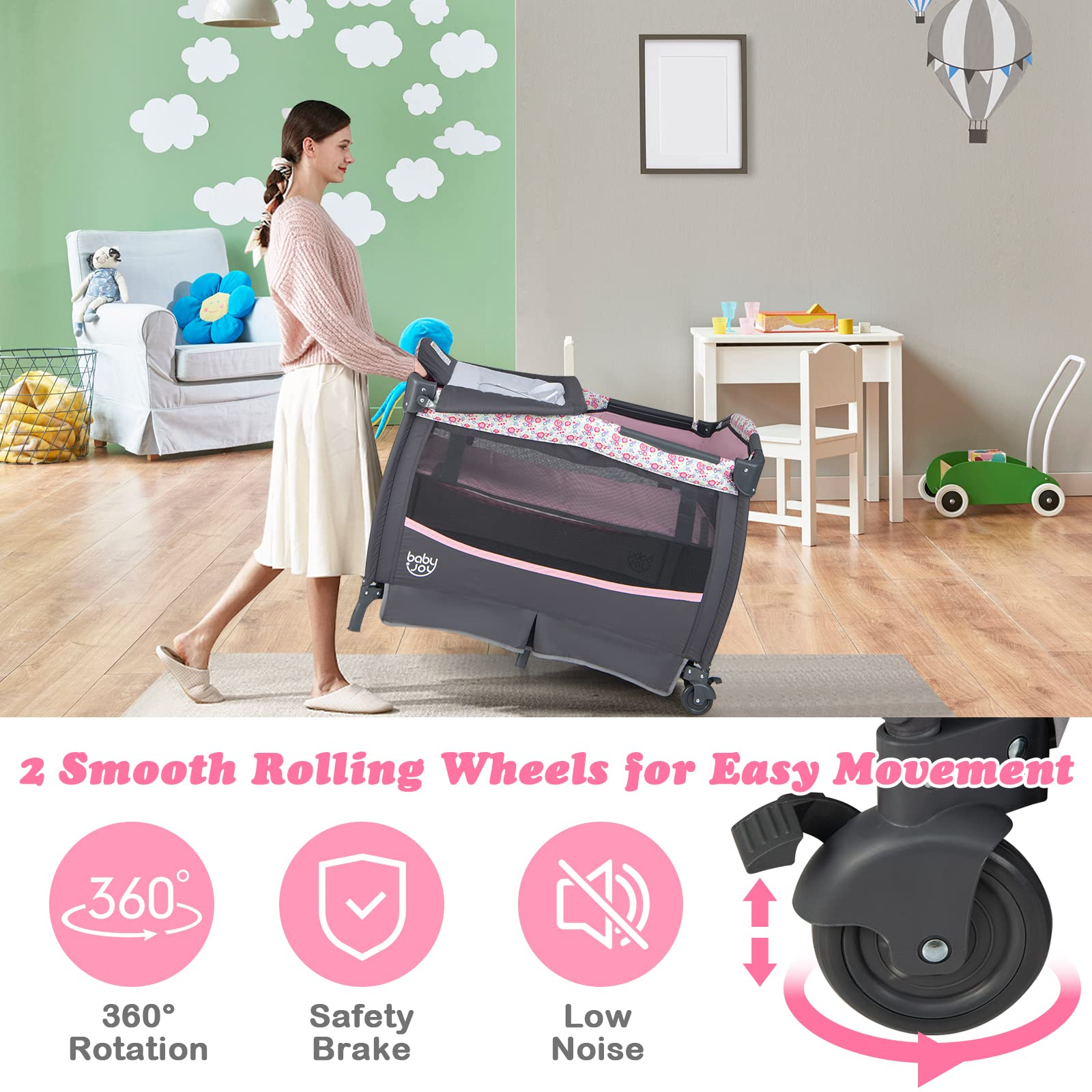 Costzon 4 in 1 Pack and Play, Portable Baby Playard with Bassinet & Flip-Away Changing Table