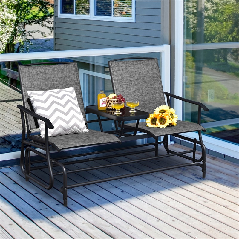 Outdoor 2-Person Rocking Loveseat Patio Bench Glider Chair with Center Tempered Glass Table