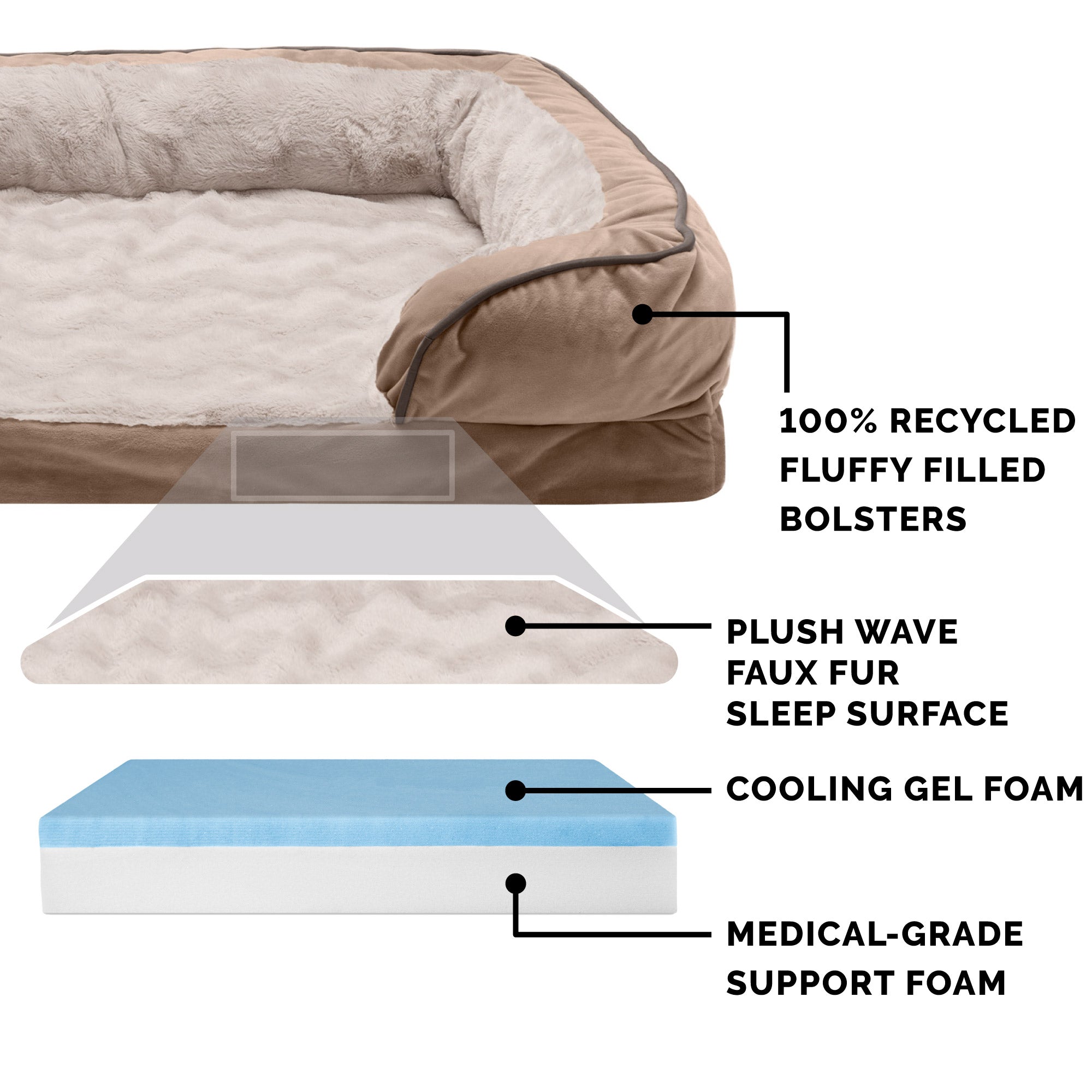 FurHaven Pet Products | Cooling Gel Memory Foam Orthopedic Perfect Comfort Velvet Waves Sofa-Style Couch Pet Bed for Dogs and Cats， Brownstone， Large