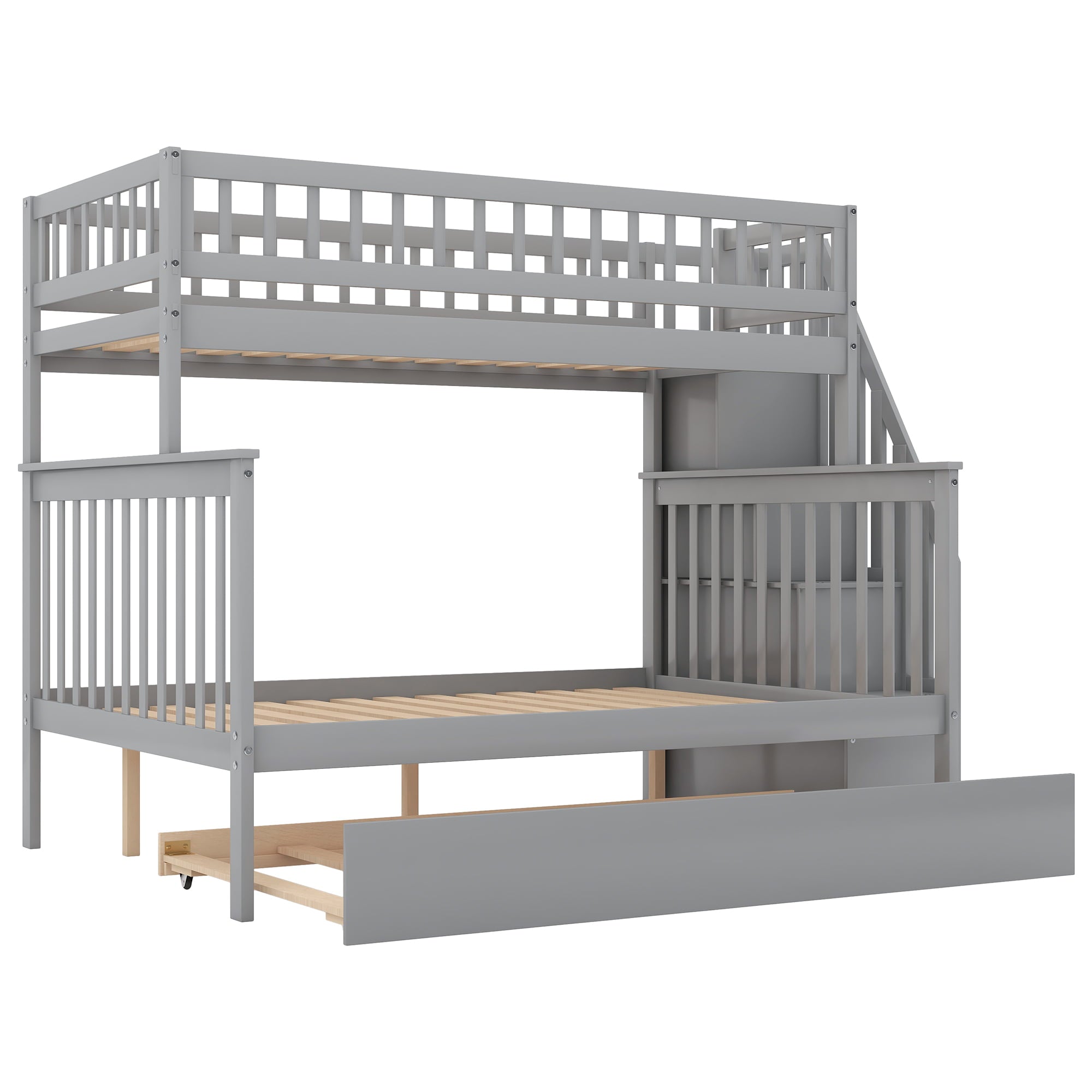 Euroco Twin Over Full Bunk Bed with Trundle and Stairs for Kids, Gray