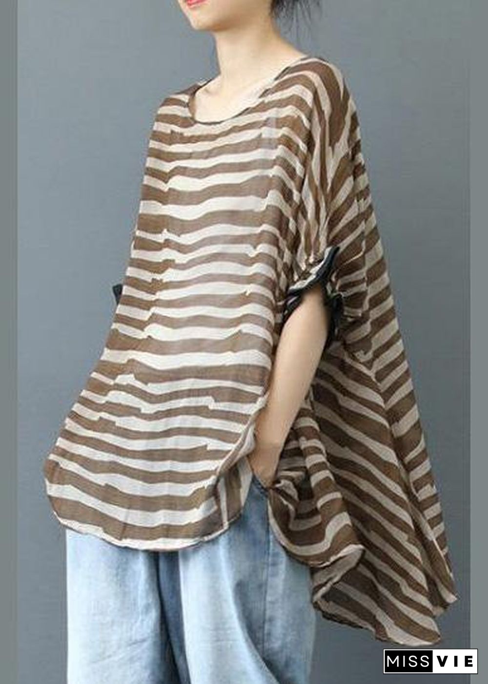 Elegant Chocolate Striped Clothes For Women O Neck Midi  Blouse